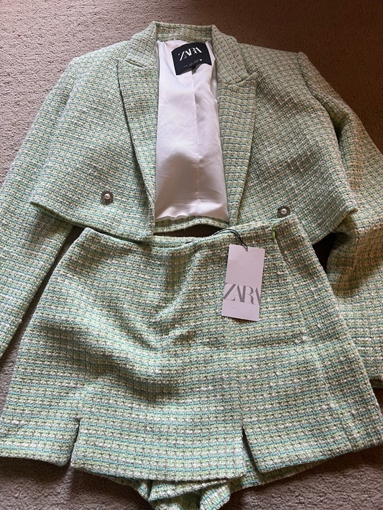 Zara Light Mint Cropped Tweed Blazer and skorts set sz S/M - Picture 2 of 4